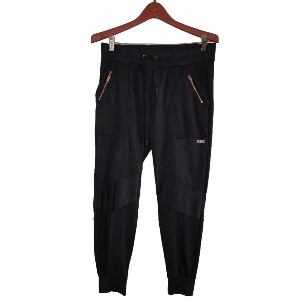 Women's Victoria's Secret PINK Ultimate Black Joggers Rose Gold Zippers Size M